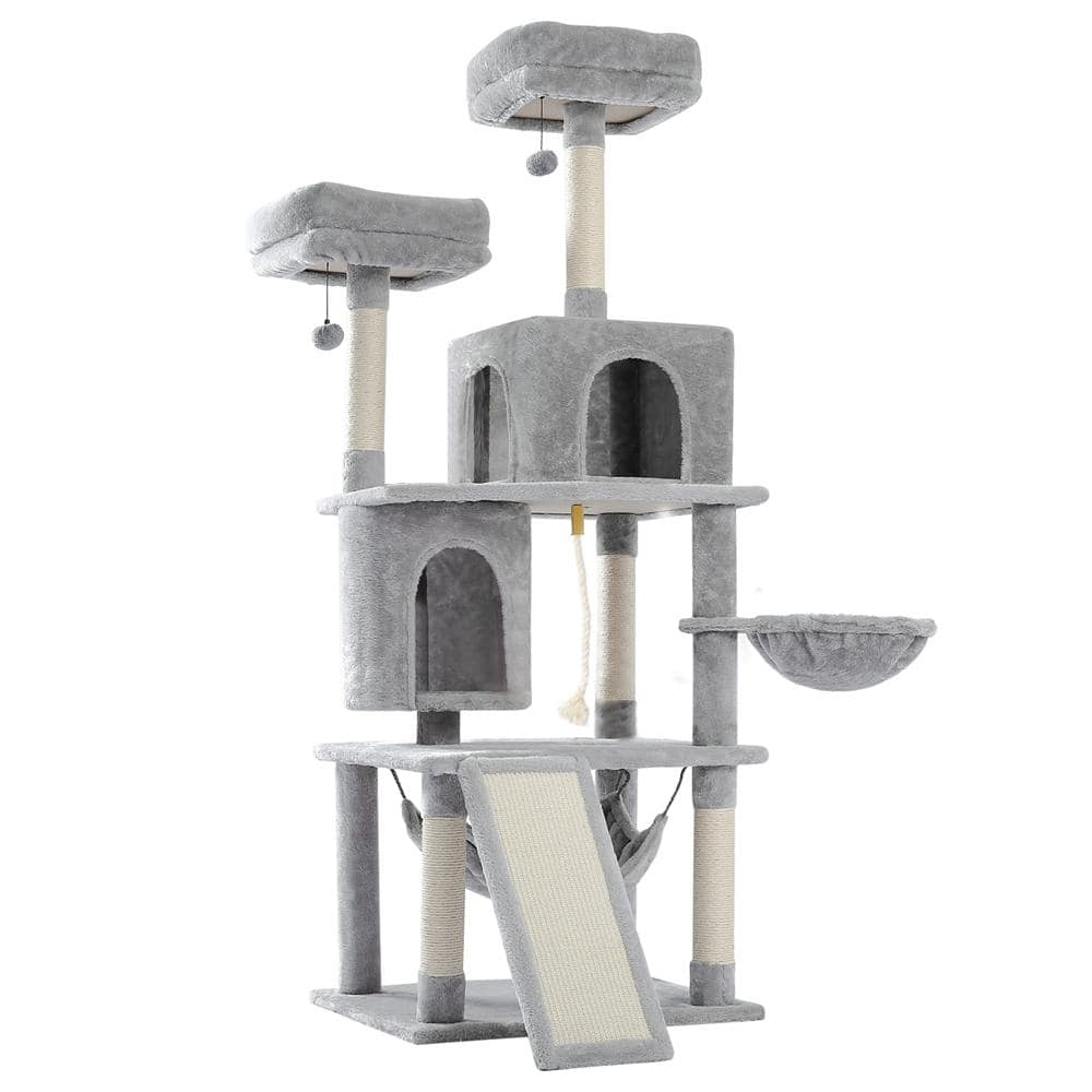 Multi-Level Gray Pet Cats Scratching Posts and Trees with Ladder, Double Co