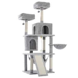 Multi-Level Gray Pet Cats Scratching Posts and Trees with Ladder, Double Condos, Hammocks,Perches& Hanging Balls