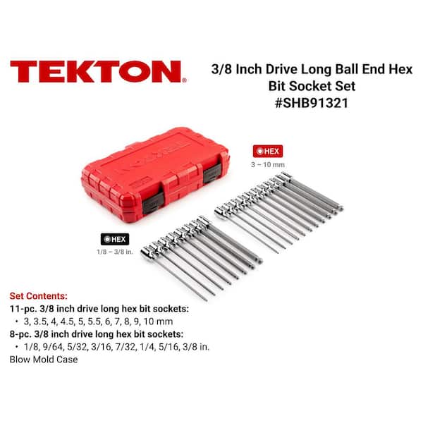 3/8 Inch Drive Long Ball End Hex Bit Socket Set with Case, 19-Piece (1/8-3/8 in., 3-10 mm)