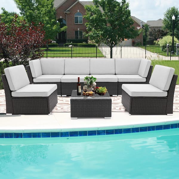 Miscool Anky Black/Brown 7-Piece Rattan Wicker Patio Conversation Sectional Seating Set with Olefin Light Gray Cushions