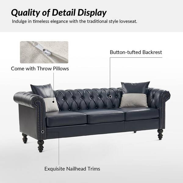 JAYDEN CREATION Felisa Traditional 84.5 Wide Button tufted Leather Sofa with End Table and Gourd shaped Solid Wood Legs Navy Z6SFXW0323 NAV
