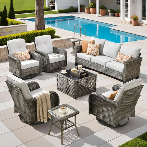 Scarlet 8-Piece Wicker Outdoor Patio Conversation Sofa Set with Swivel Chairs, a LED Table and Light Grey Cushions