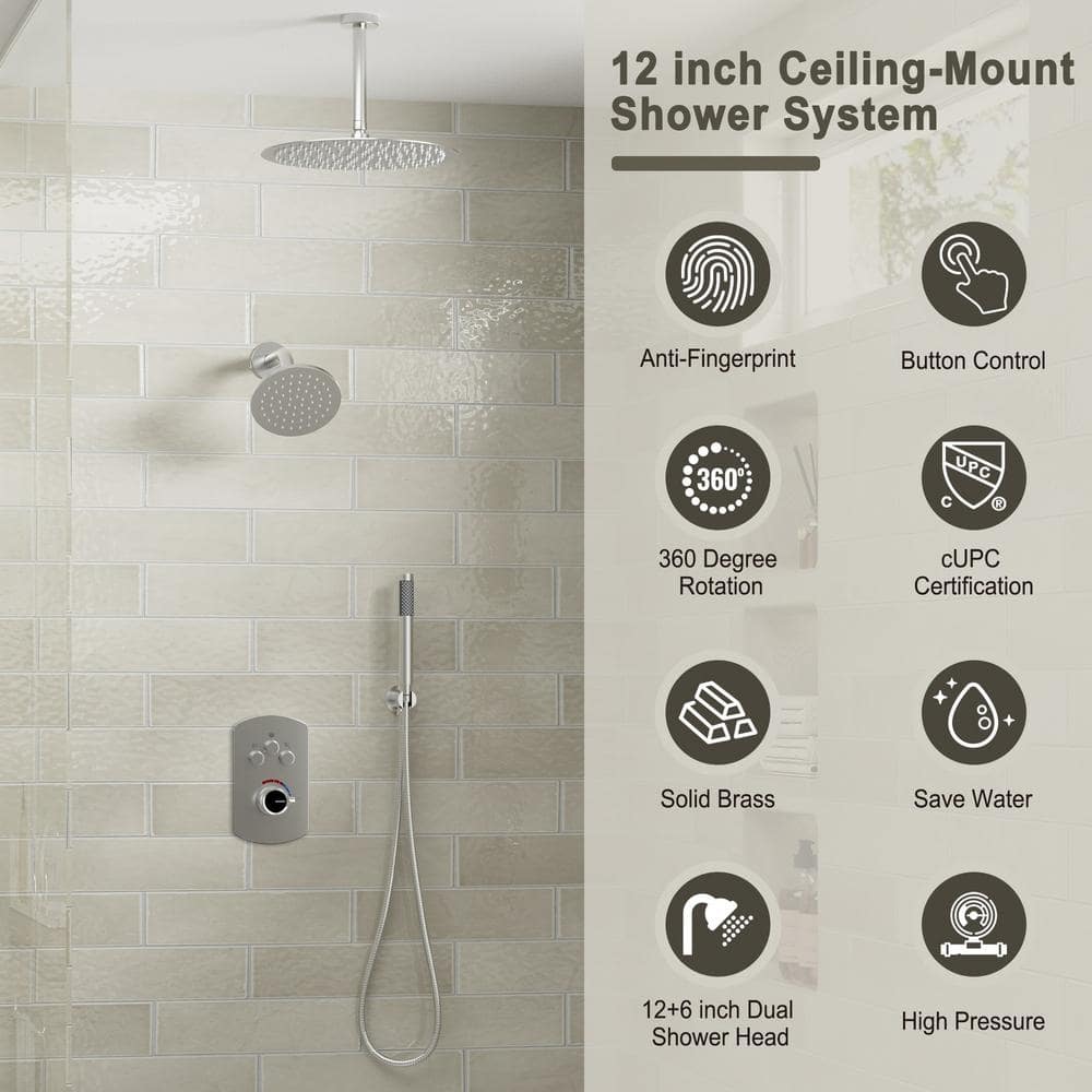 Brushed Nickel Dual Rainfall and Handheld Shower System with 12-inch Ceiling Mount