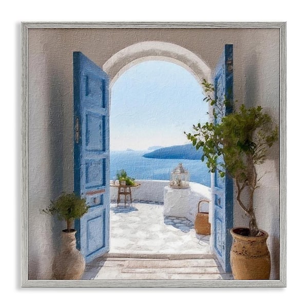 Blue Greek Door Scenery by LSR Design Studio Gray Framed Giclee Art Print Nature 17 in. x 17 in.