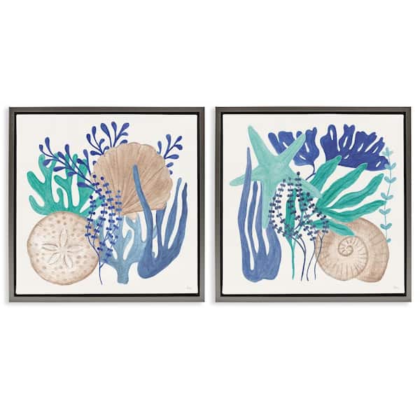 Coastal Coral and Seashells by Veronique Charron 2-Pieces Gray Floater Frame Coastal Graphic Art Print 25 in. x 25 in.