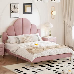 Pink Wood and Metal Frame Queen Size Upholstered Velvet Platform Bed with Petal-shaped Headboard