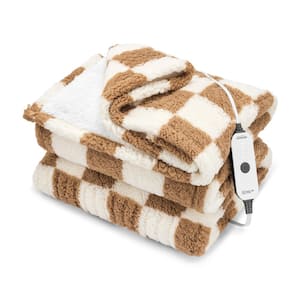 Electric Throw Nordic Sherpa with Footpocket Heated Blanket, Checkerboard Clay Color, 50 in. x 60 in.