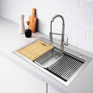 33 in. Drop-In Single Bowl 18 Gauge Stainless Steel Workstation Kitchen Sink with Pull-Down Faucet