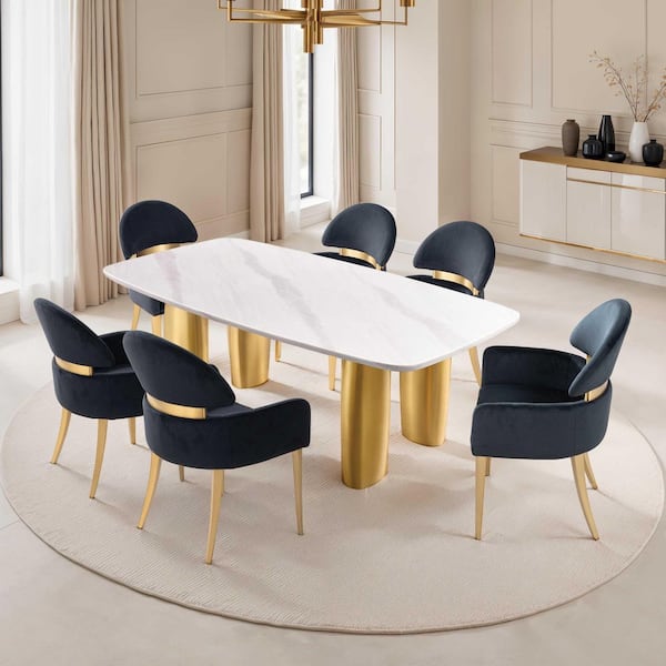 Varand 7-Piece Rectangle White/Matte Gold Sintered Stone Top Dining Room Set with Modular Legs (Seats 6)