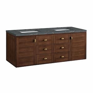 Amberly 60.0 in. W x 23.5 in. D x 34.7 in. H Double Bathroom Vanity in Mid-Century Walnut with Parisien Bleu Quartz Top