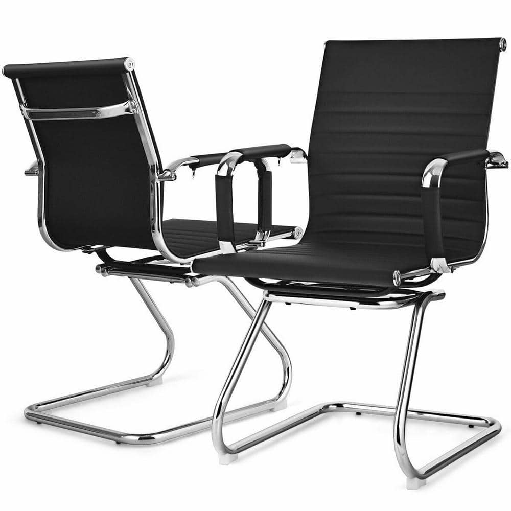 Black Leather Ergonomic Office Guest Chairs with Metal Frame