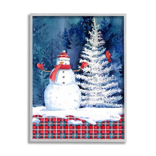 Stupell Industries Winter Snowman on Plaid by Paul Brent 1-Piece Framed Graphic Print Nature Poster Art Print 30 in. x 24 in.