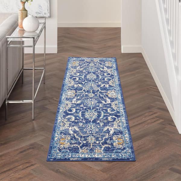 2 X 8 Blue Oriental Washable Area Rug Runner Rug