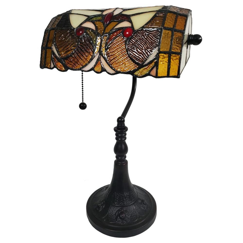 Dark Amber Stained Glass Adjustable Banker Table Lamp