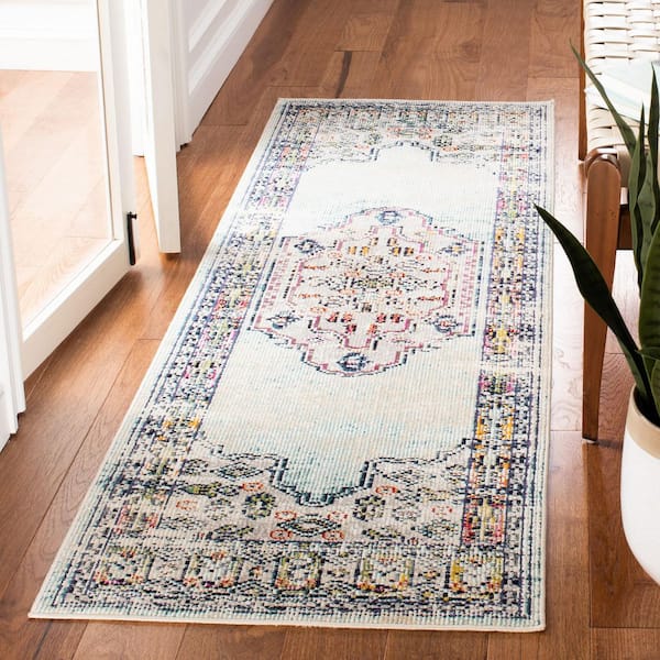 Crystal 2 ft. x 7 ft. Blue/Gray Border Medallion Runner Rug