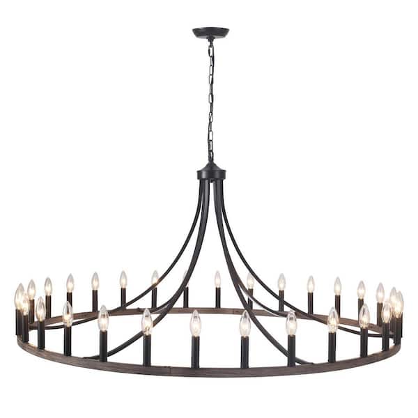52 in. 30-Light Imitation Wood Grain Large Candle-style Rustic Farmhouse Wagon Wheel Chandelier for Living Room