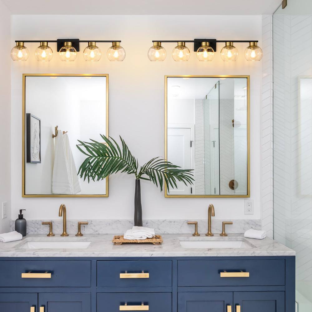 37.43 in. Black and Gold 5-Light Vanity Light with Glass Shades