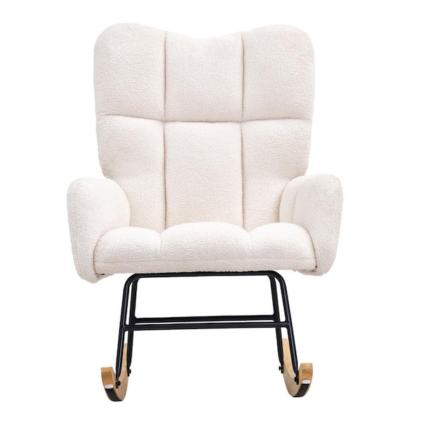 Glider Rocking Chair, White, Metal, Outdoor Rocking Chair, with Cushion Guard, White, Ivory White, Cushion