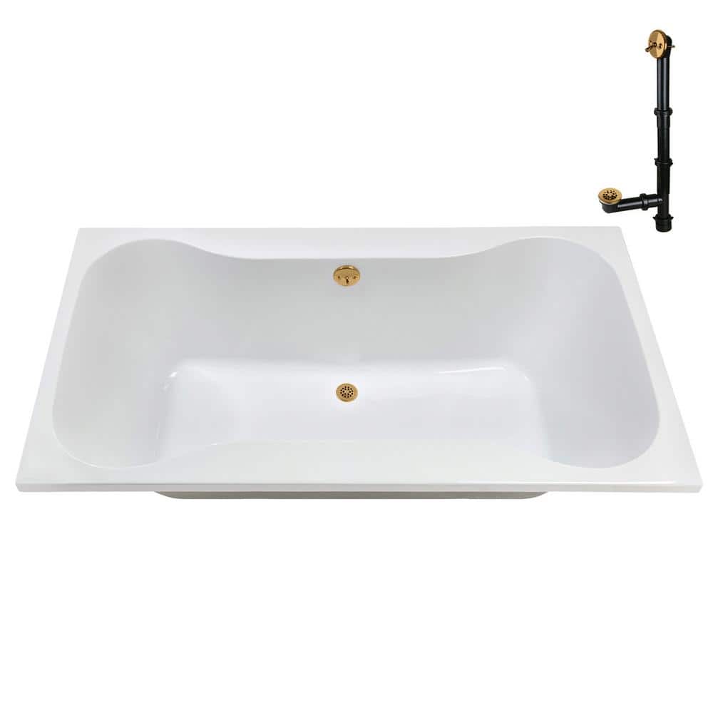72'' Glossy White Acrylic Soaking Drop-In Bathtub with Brushed Gold Hardware