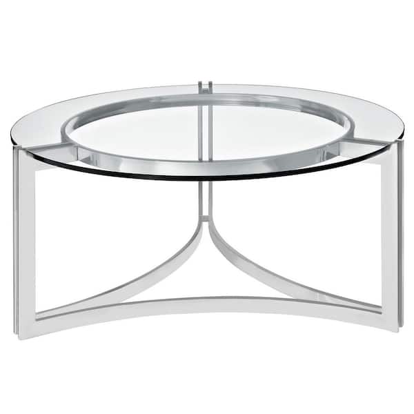MODWAY Signet 31 Inch Silver Round Modern Tempered Glass Stainless Steel Round Coffee Table