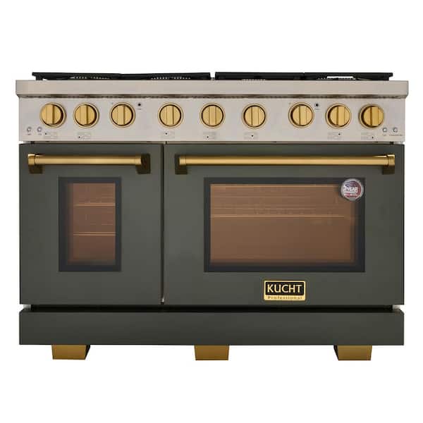 48 in. 6.7 cu. ft. Propane Gas Range 2 Ovens-7 Burners in Olive Green with Gold Knobs