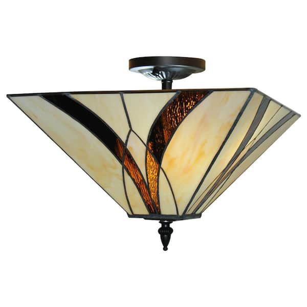OUKANING 13.78 in. 3-Light Beige Vintage Elegant Stained Glass Semi-Flush Mount Ceiling Light