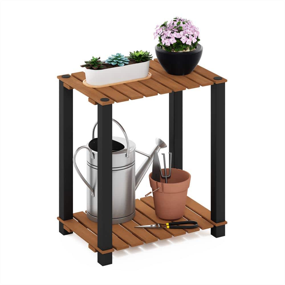 Pangkor 2-Tier Natural Wood and Black Plant Shelf