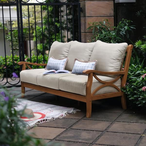 Cambridge Casual Abbington Teak Wood Outdoor Sofa Day Bed with Beige Cushion