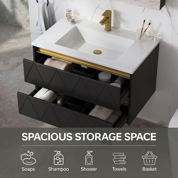 Steve 31 in.W x 19 in.D x 18 in.H Single Sink Wall Mount Bath Vanity in Black with White Solid Surface Top Unassembled