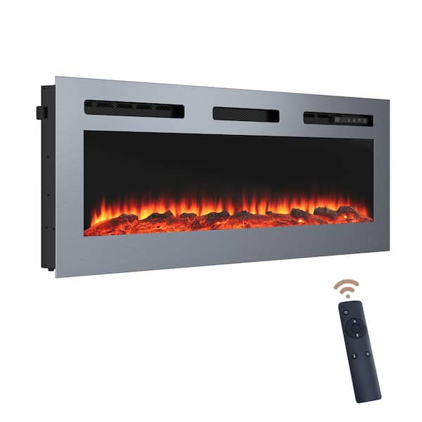 50 in. Wall Mounted and Recessed Stainless Steel Electric Fireplace in Silver