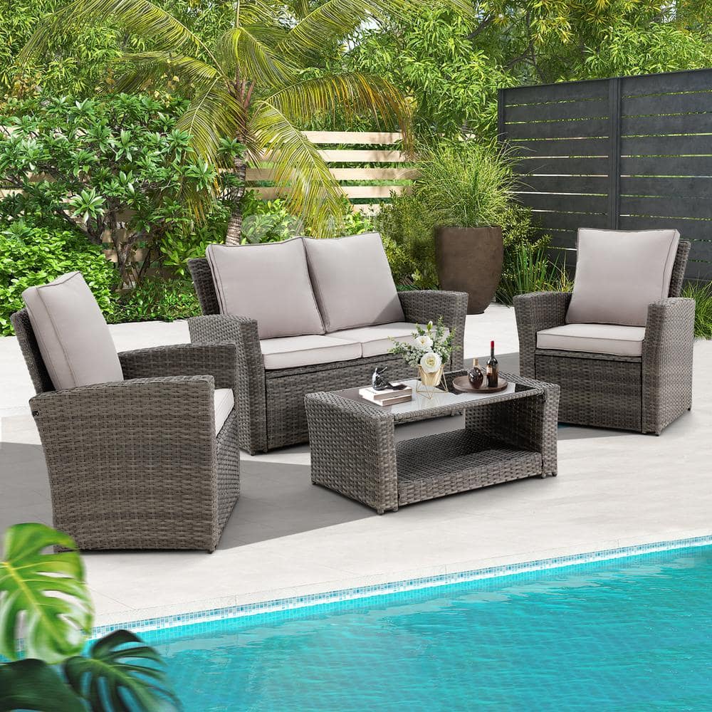 4-Piece PE Wicker Outdoor Sofa Sectional Set Conversation Set with Gray ...