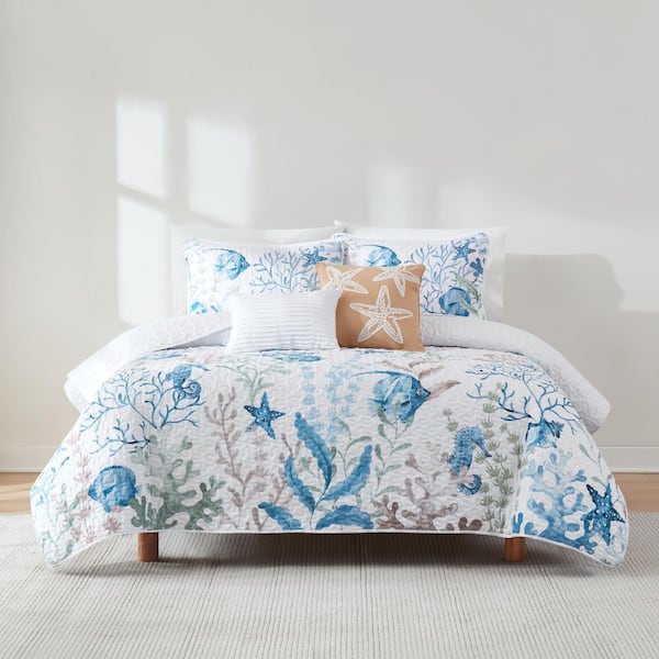Oceana Watercolor Sea Life 5-Piece Blue Microfiber Full/Queen Quilt Set