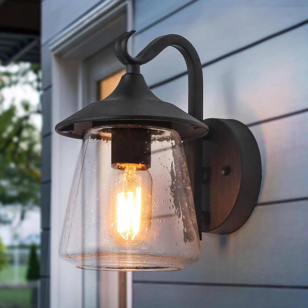Modern Frosted Black Porch Outdoor Wall Sconce 1-Light Classic Exterior Lantern with Mushroom Clear Seeded Glass Shade price history on PriceWatchPro