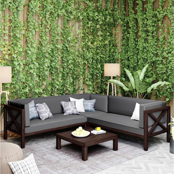 waelph 4-Piece Wood Patio Conversation Set Sectional Seating Set with Coffee and Gray Cushions
