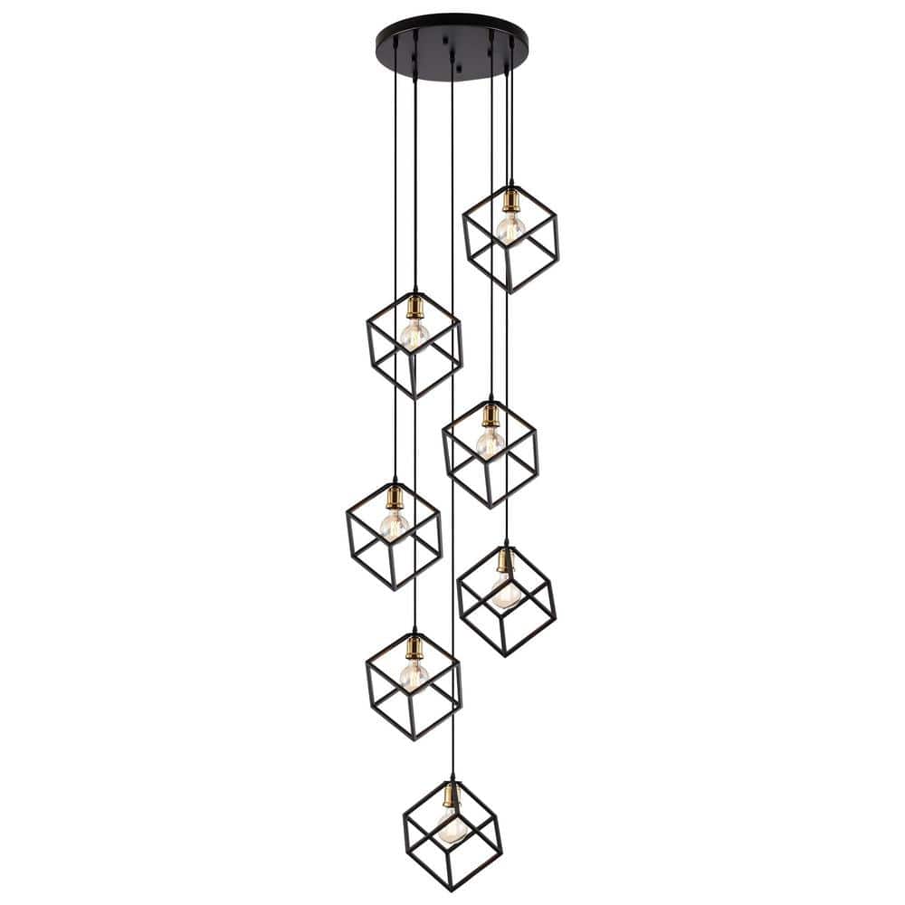 Black Geometric Cage 7-Light Cluster Stairway Chandelier