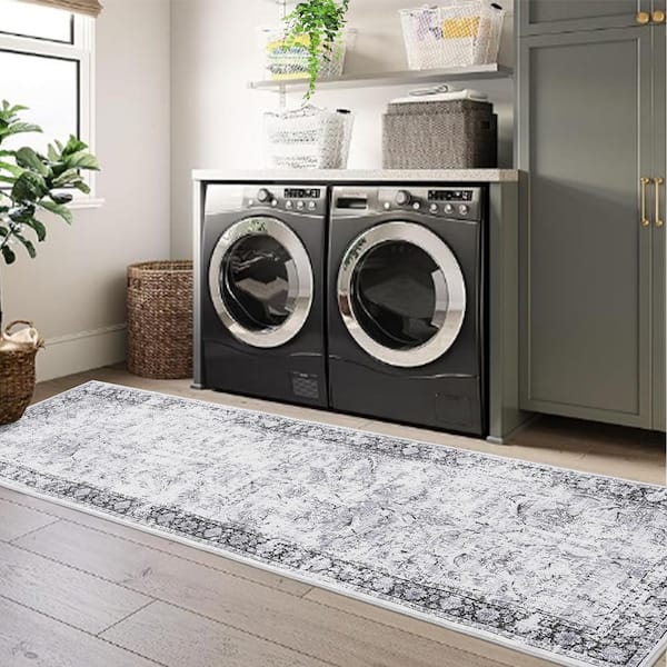 2 ft. x 6 ft. Gray Large Size Non-Slip Bohemian Style Washable Vintage Floral Carpet for Dining Room Bedroom Area Rug