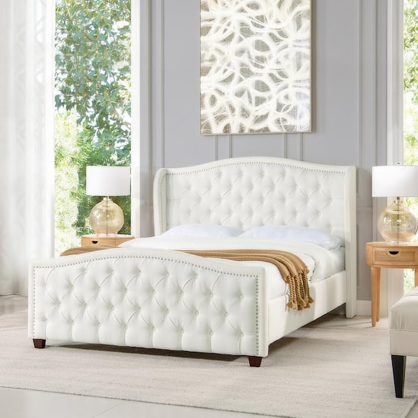 Jennifer Taylor Fontana White Upholstered Wood Frame Queen Platform Bed with Wingback Headboard