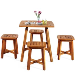 5-Piece Acacia Wood Outdoor Dining Set Patio Dining Set with Square Table and 4 Stools