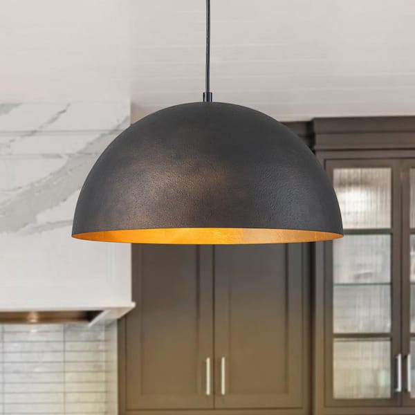 PCover Industrial 15 in. 1-Light Black Dome Pendant Light with Gold Leaf Interior Potlid Lighting for Kitchen Island