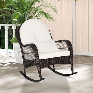 Wicker Outdoor Rocking Chair with Off White Seat Back Cushions & Lumbar Pillow Balcony