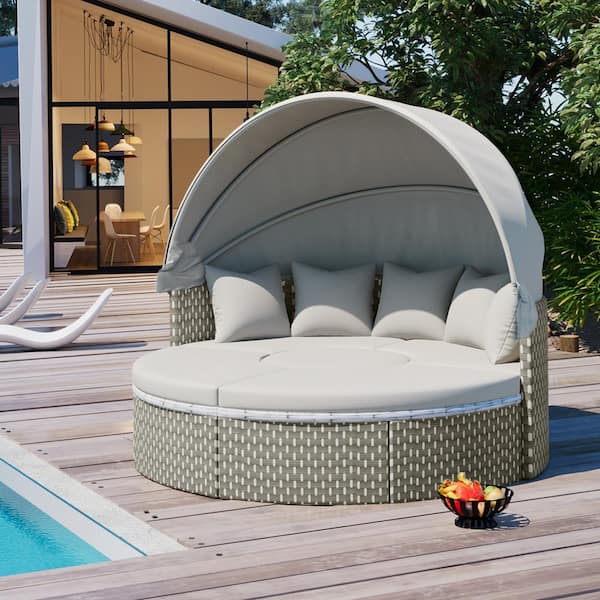 Unbranded Wicker Round Outdoor Day Bed with Gray Cushion and Retractable Canopy