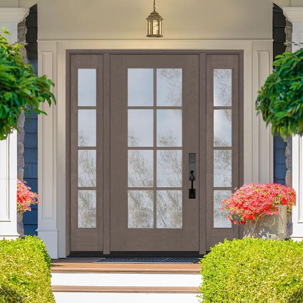 Regency 68 in. x 80 in. Full Lite 8 Lite Clear Glass LH Ashwood Mahogany Fiberglass Prehung Front Door w/Dbl 14in.SL