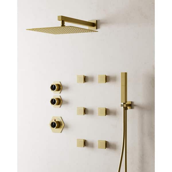 YAWWALK Thermostatic Valve 5-Spray 12 in. Wall Mount Dual Shower Heads and Handheld Shower Head in Brushed Gold