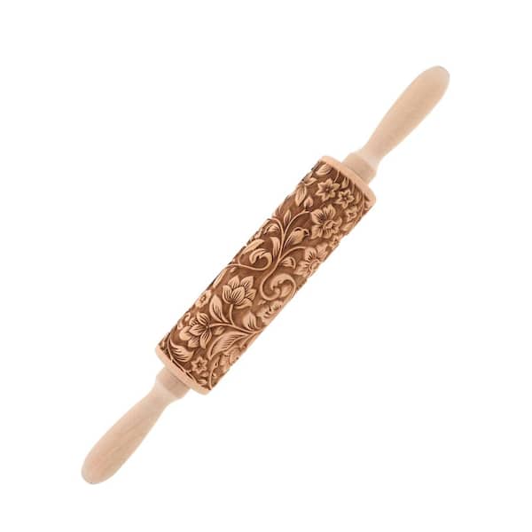Wooden Embossed Rolling Pin with Intricate Floral Pattern for Cookies Fondant and Pastry Dough Baking