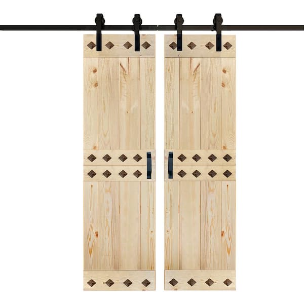 ISLIFE Mid-Century Style 48 in. x 84 in. Unfinished DIY Knotty Pine Wood Sliding Barn Door with Hardware Kit