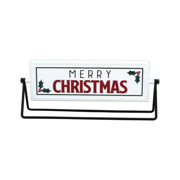 PARISLOFT 5 in. White Merry Christmas Happy New Year Metal Rotating Tabletop Holiday Sign