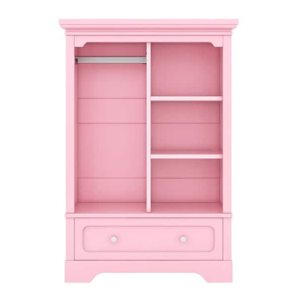 Pink Wood 31.5 in. W Armoire with Hanging Rod & Drawer