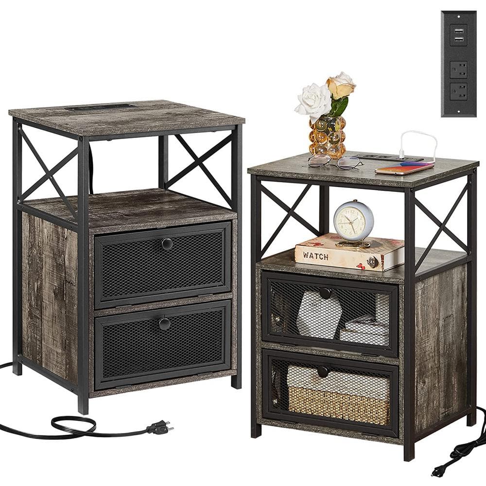 Gray and Black Metal Nightstands with Wood Top and USB Ports, Set of 2