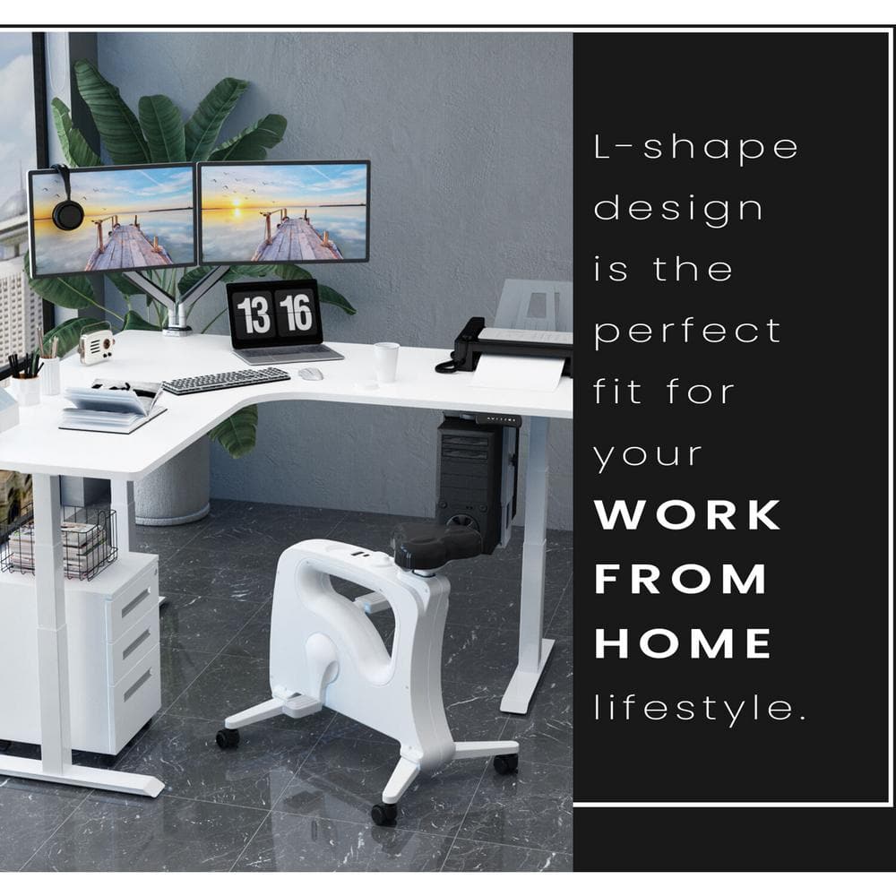 White L-Shaped Adjustable Height Standing Desk with USB Port