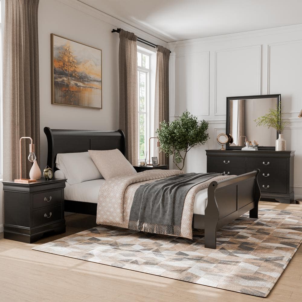 Furniture of America Burkhart 5-Piece Black Wood Queen Bedroom Set with ...